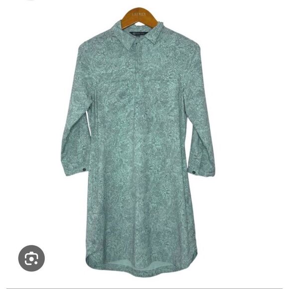 Title nine Dresses & Skirts - Title Nine Green & Gray Print Rounded Hem Roll Tab Sleeve Dress sz L EUC